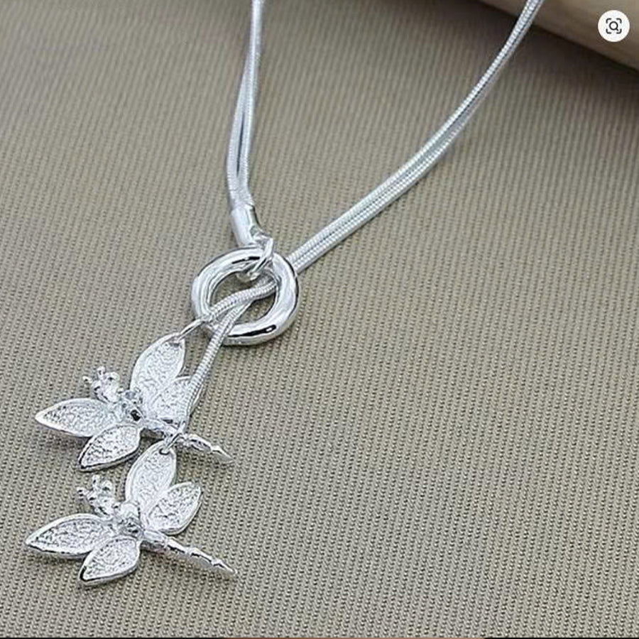 Two Dragonfly Pendant Necklace in S925 Silver