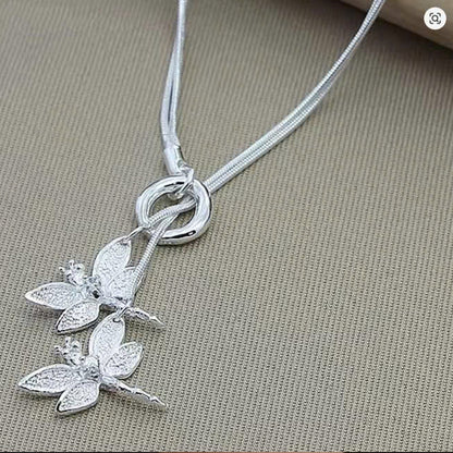 Two Dragonfly Pendant Necklace in S925 Silver