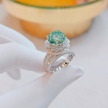 Luxury Italian Silver 4CT Green Moissanite Ring